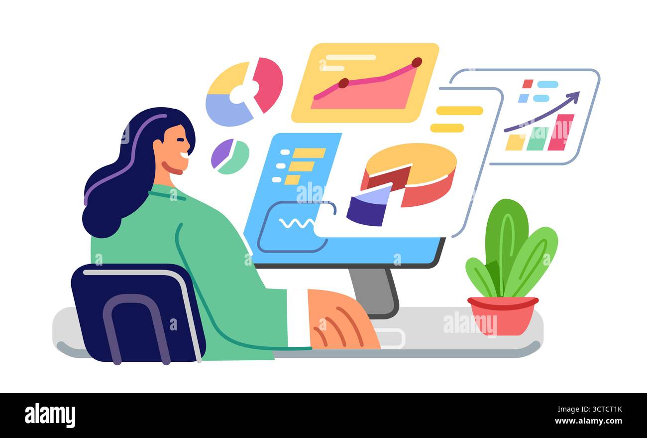Analyzing financial data on computer screen. Finance investment planning concept. Business analytics Stock Vector