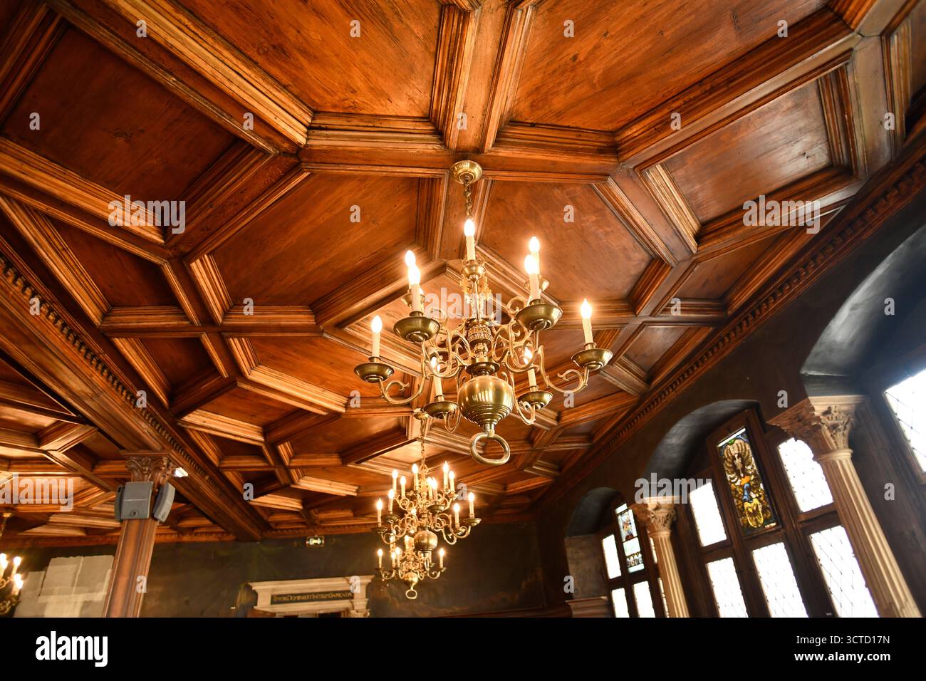 Ornate wooden ceiling in the Musée Historique de Mulhouse  with magnificent wooden ceiling Mulhouse  in eastern France. Stock Photo