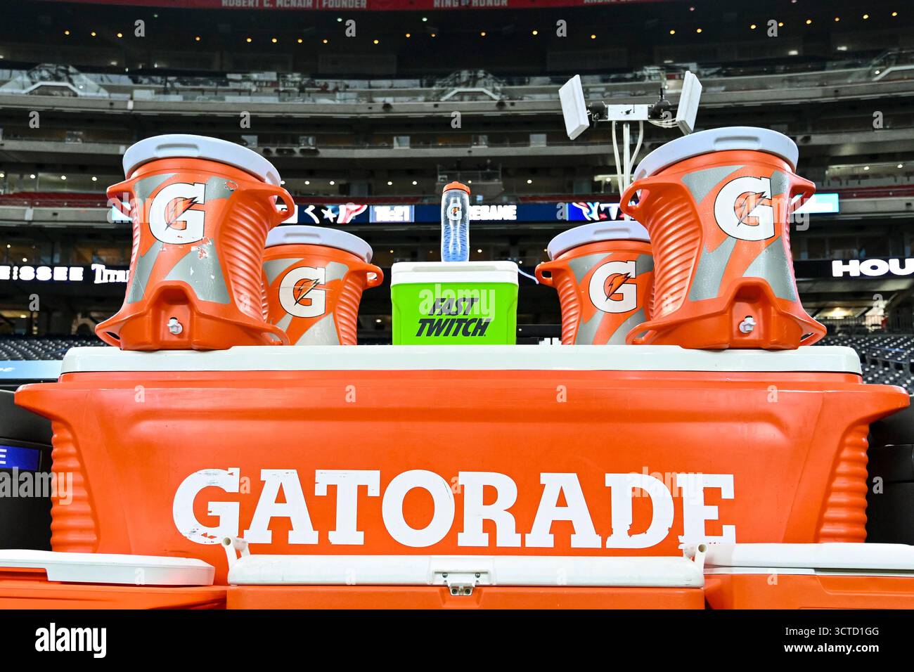 A detailed view of a Gatorade station on the sideline prior to an NFL ...