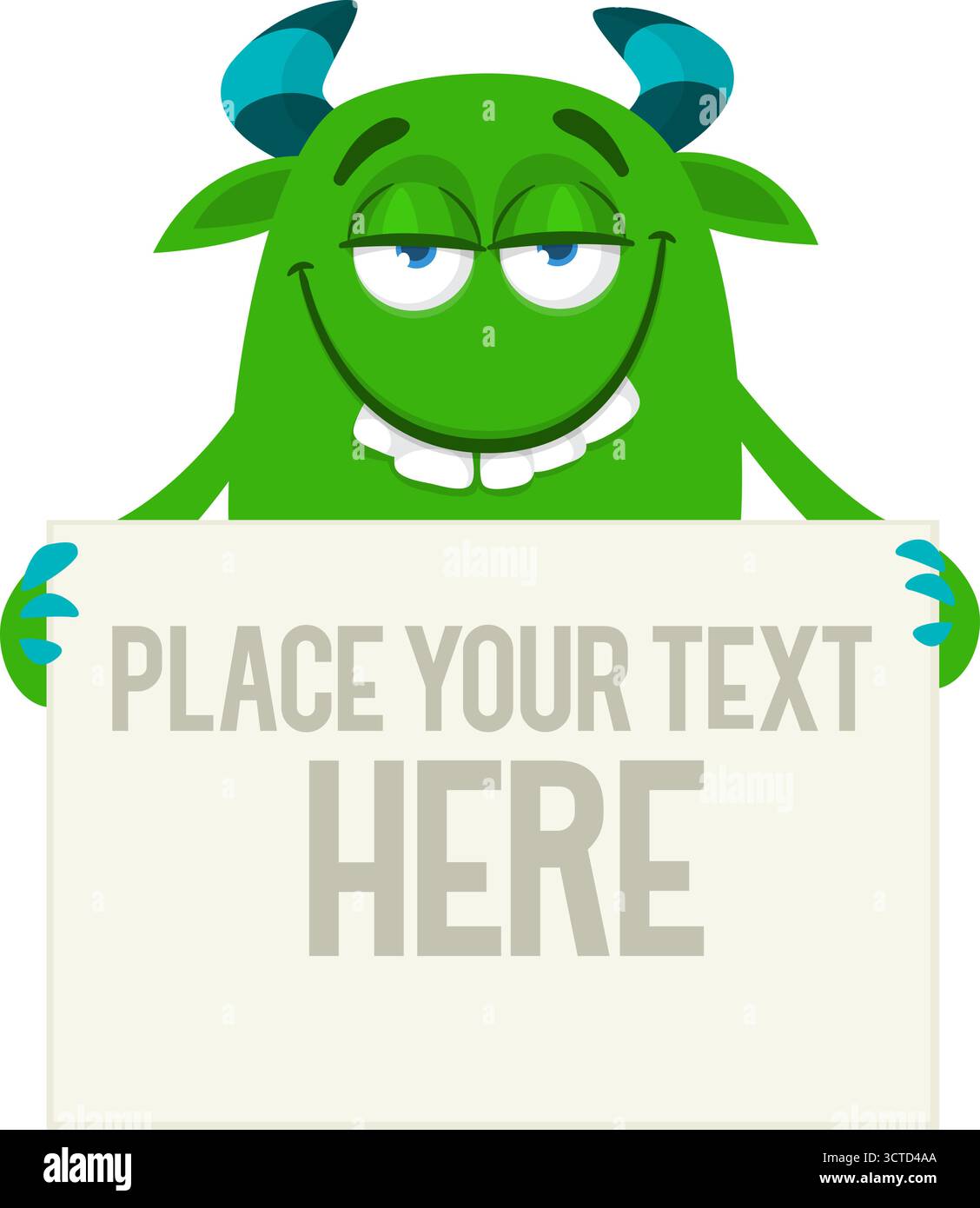 Catoon monster holding black sign with sample message on it Stock Vector