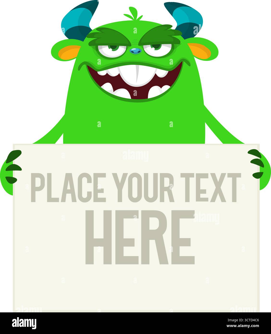 Catoon monster holding black sign with sample message on it Stock Vector