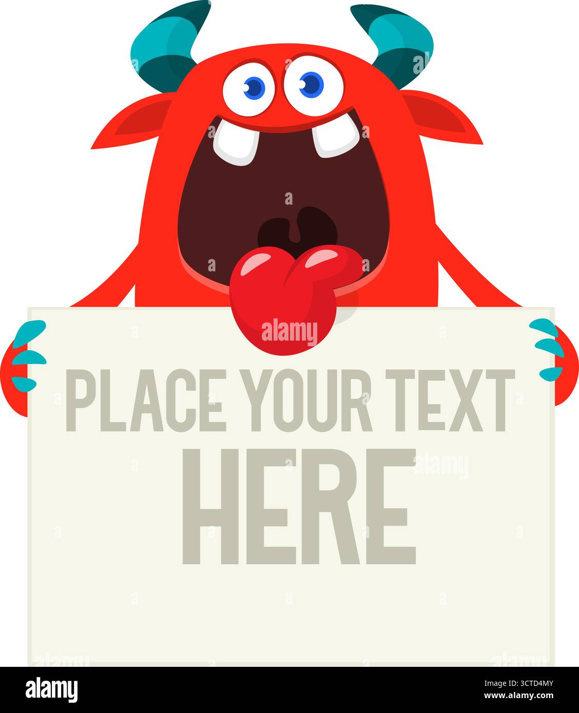 Catoon monster holding black sign with sample message on it Stock Vector