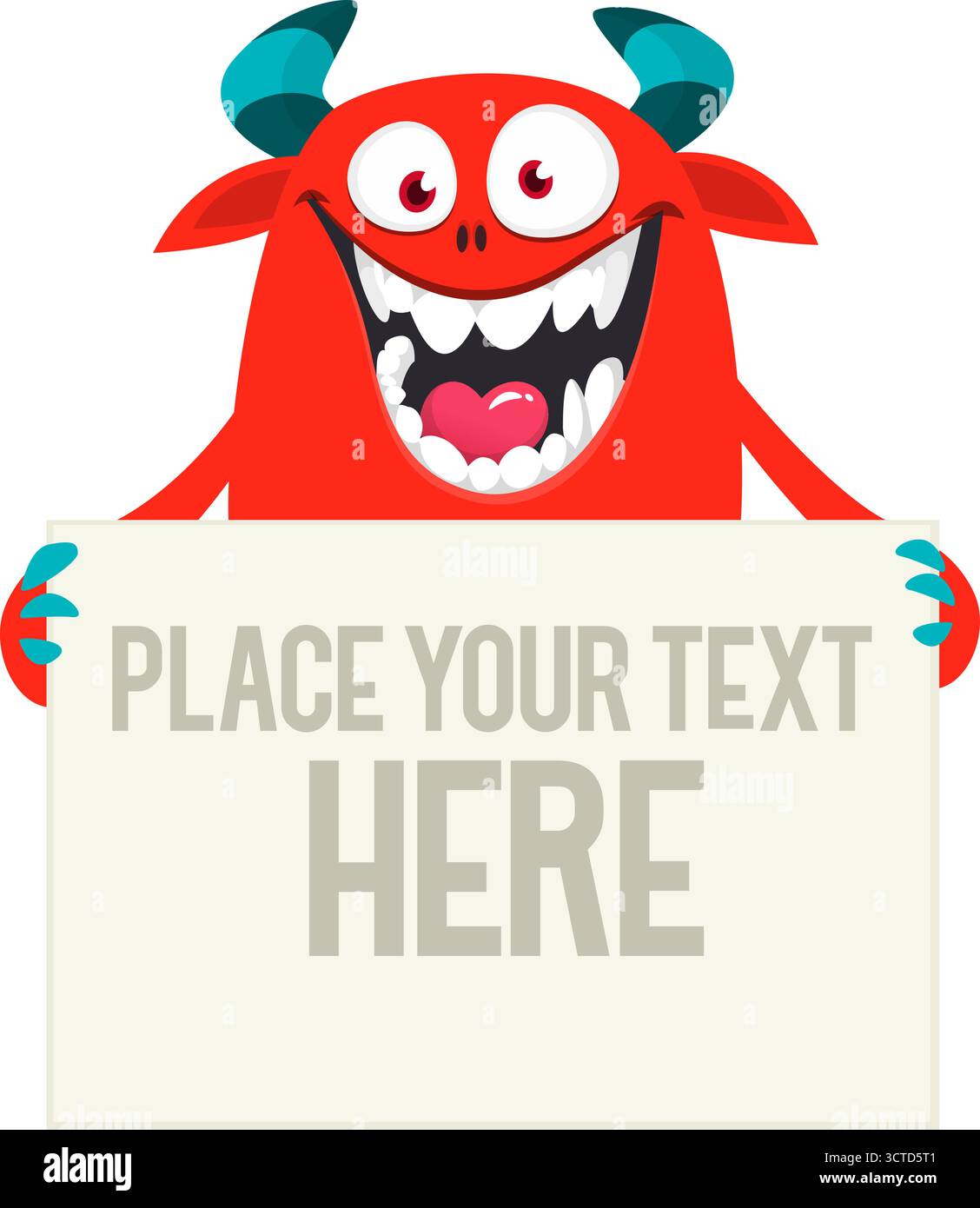 Catoon monster holding black sign with sample message on it Stock Vector