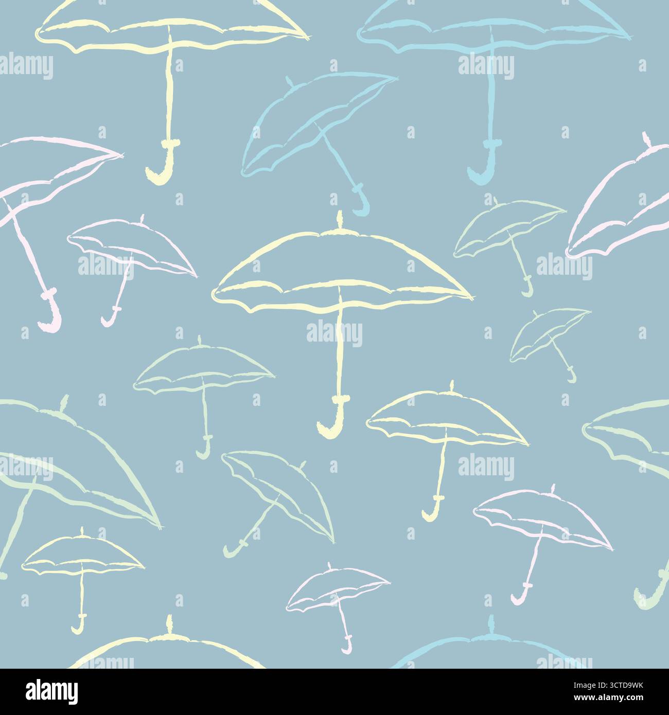 Hand Drawn Umbrellas Seamless Pattern on Blue Background Vector Illustration Stock Vector