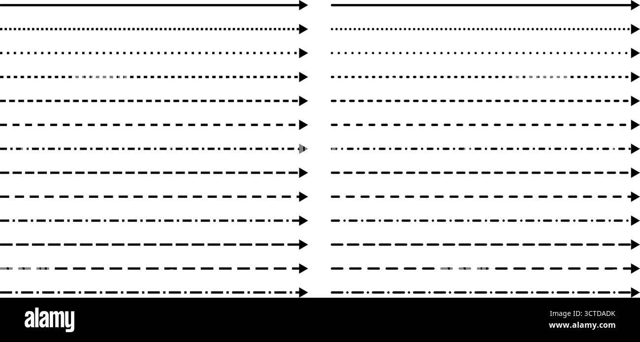 Long arrow line. Straight vector thin icon up or down. Horizontal dotted elements. Dash path to indicate direction. Stock Vector