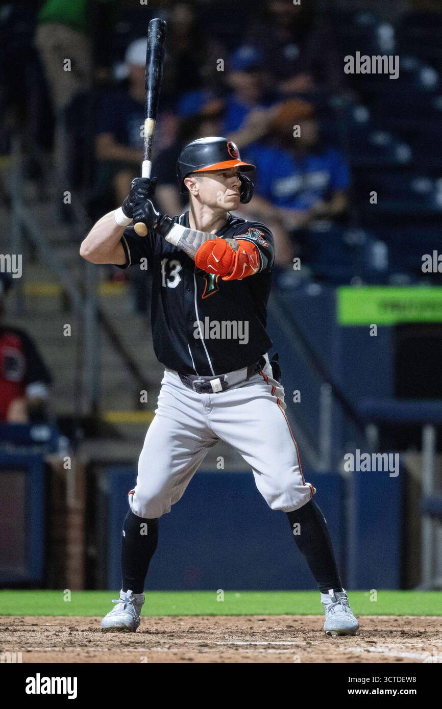 Tyler O'Neill (13) of the Norfolk Tides at bat during an International ...