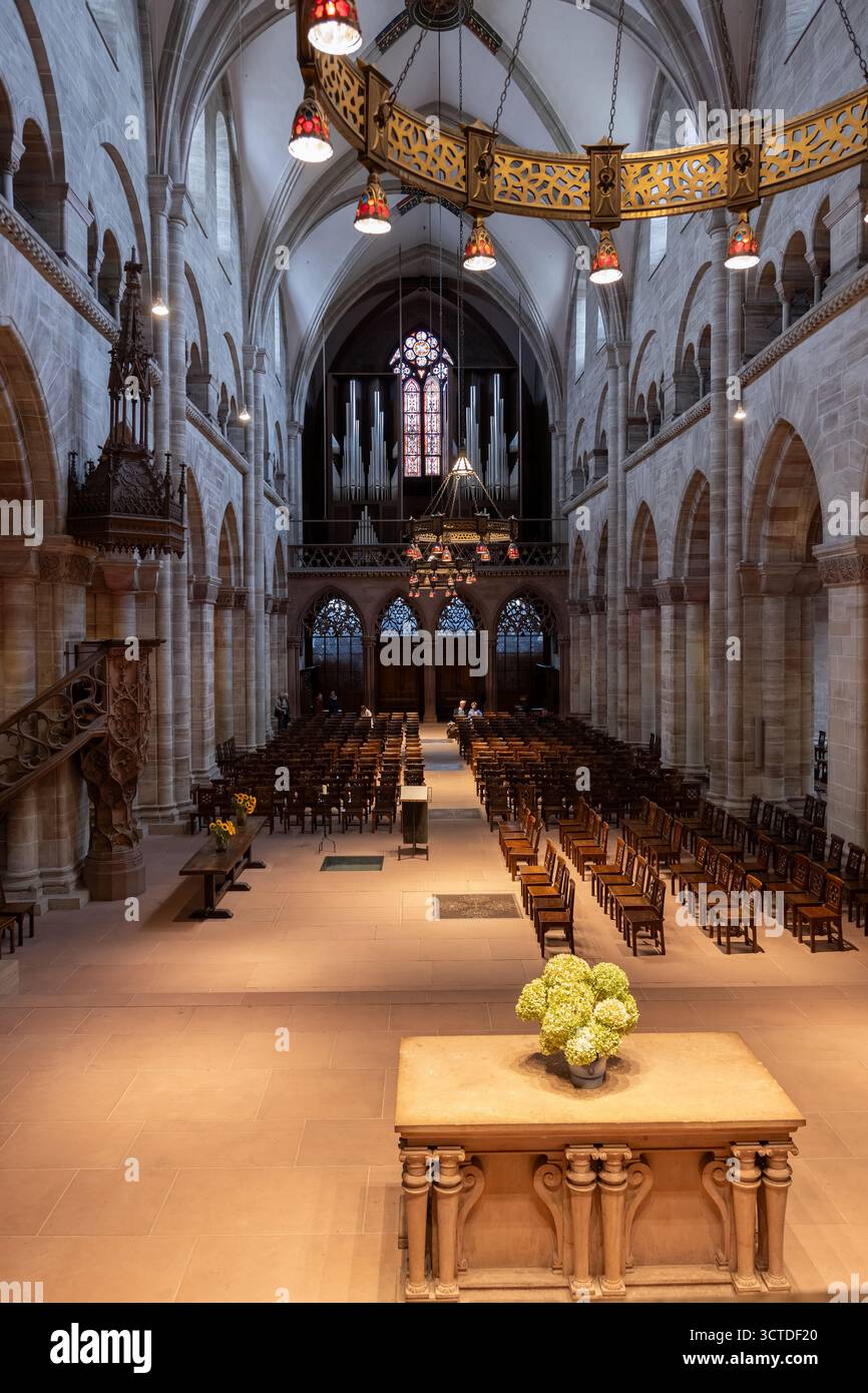 Basel Minster (German: Basler Munster) cathedral church interior in Basel, Switzerland. Stock Photo