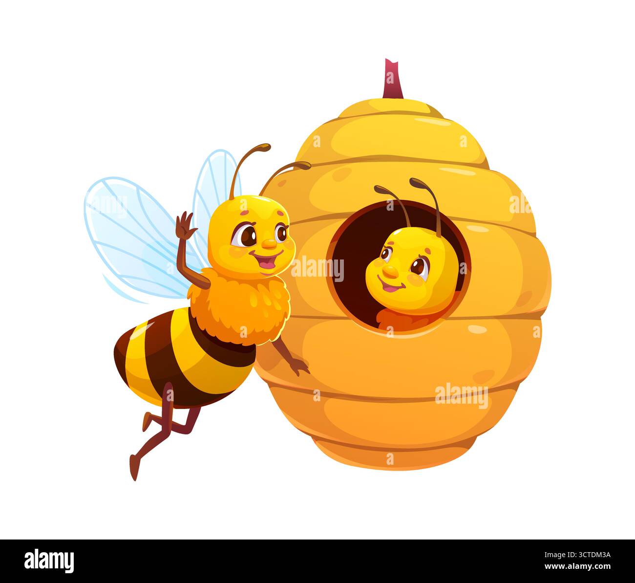 Cartoon honey bees interacting near hive. Friendly vector bee character ...