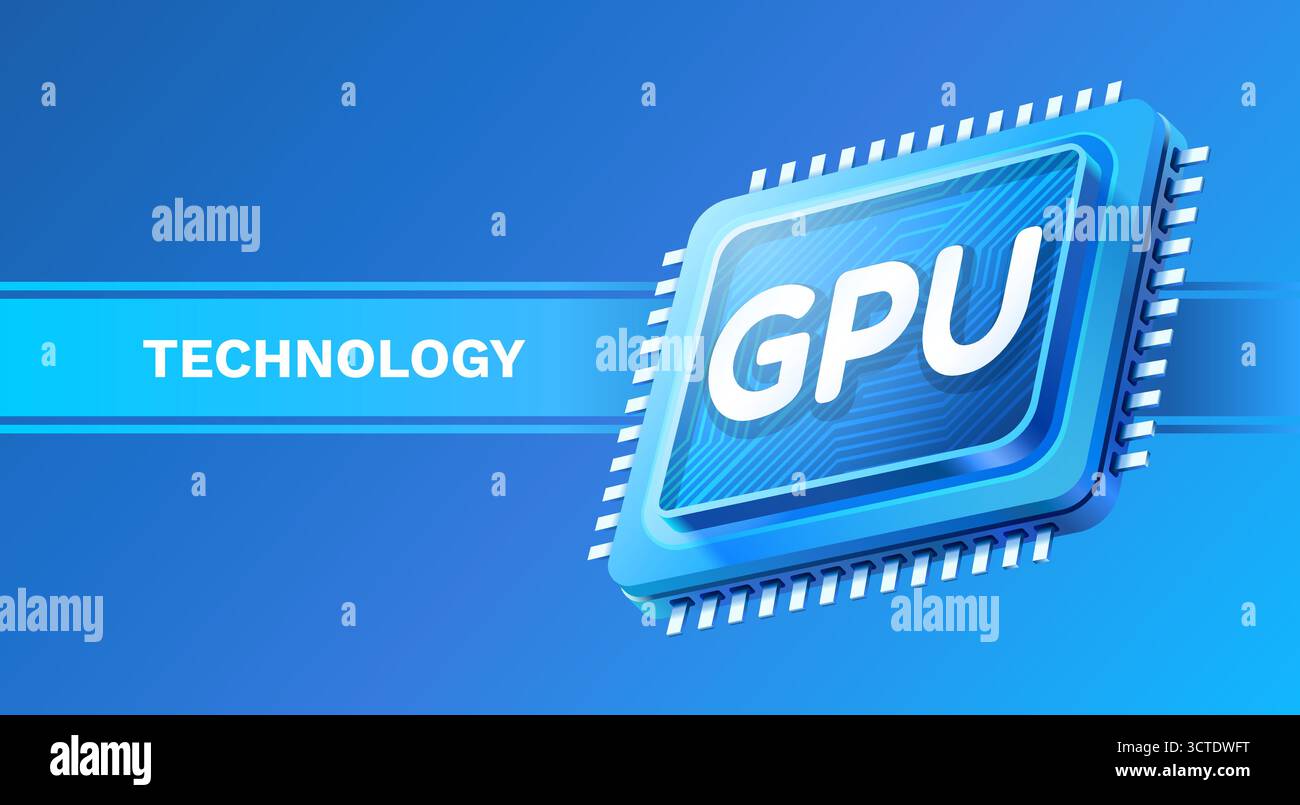 Sleek GPU processor chip on a dynamic blue technology background. Vector illustration. Stock Vector