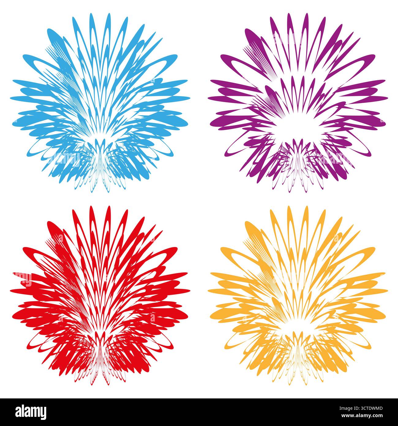 Abstract radial bursts. Colorful explosion shapes. Dynamic firework Vector. White background set. EPS 10. Stock Vector