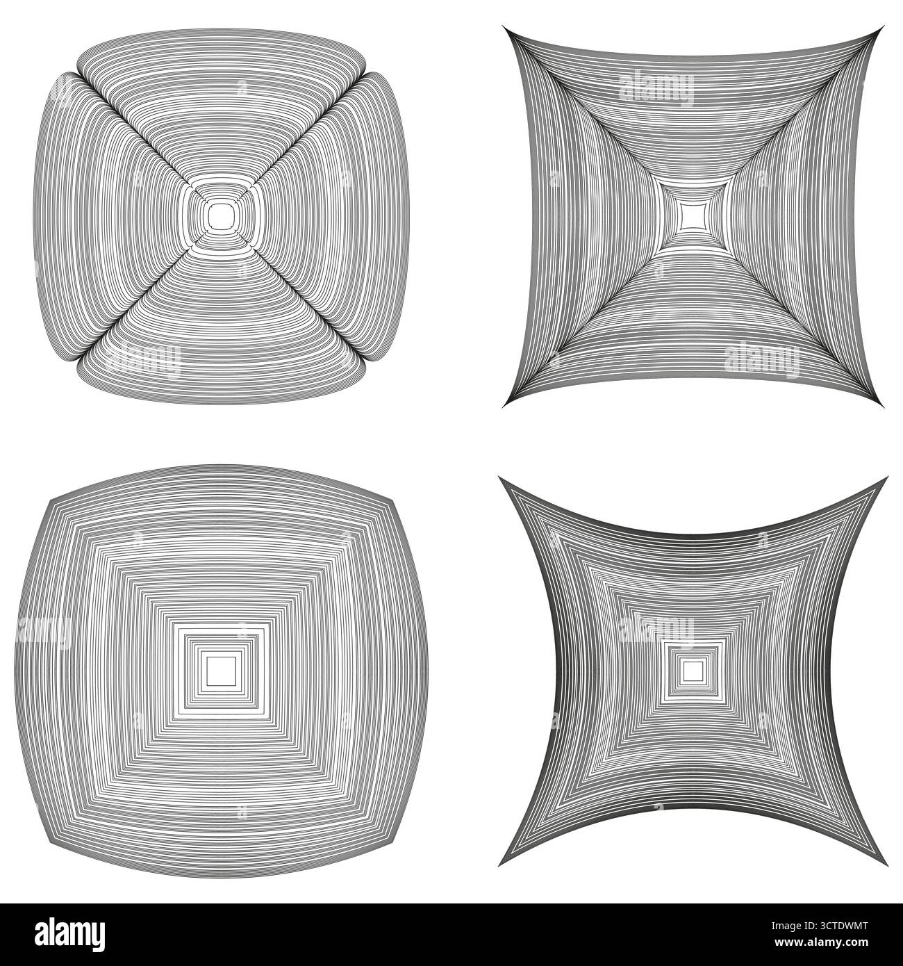 Linear spiral elements. Four squared shapes. Gray line pattern. Vector abstract forms. EPS 10. Stock Vector