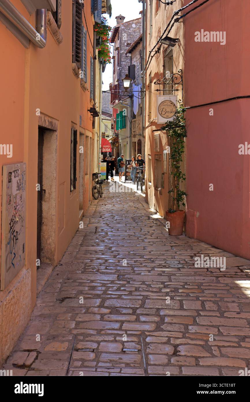Narrow cobbled street in Rovinj old town, Rovinj, Istria, Croatia, Europe. Stock Photo