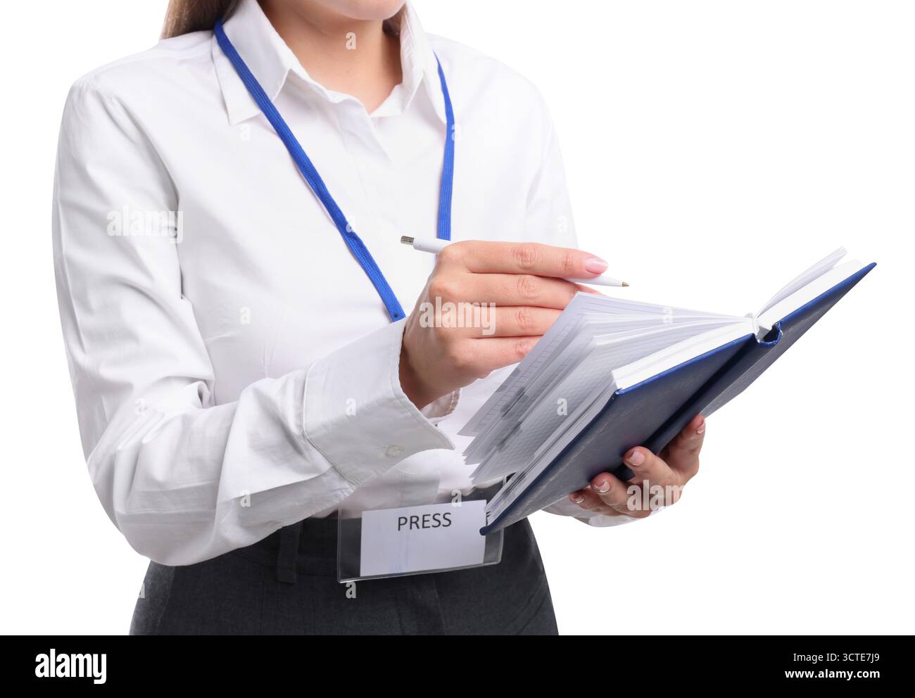 Journalist taking notes on white background, closeup Stock Photo
