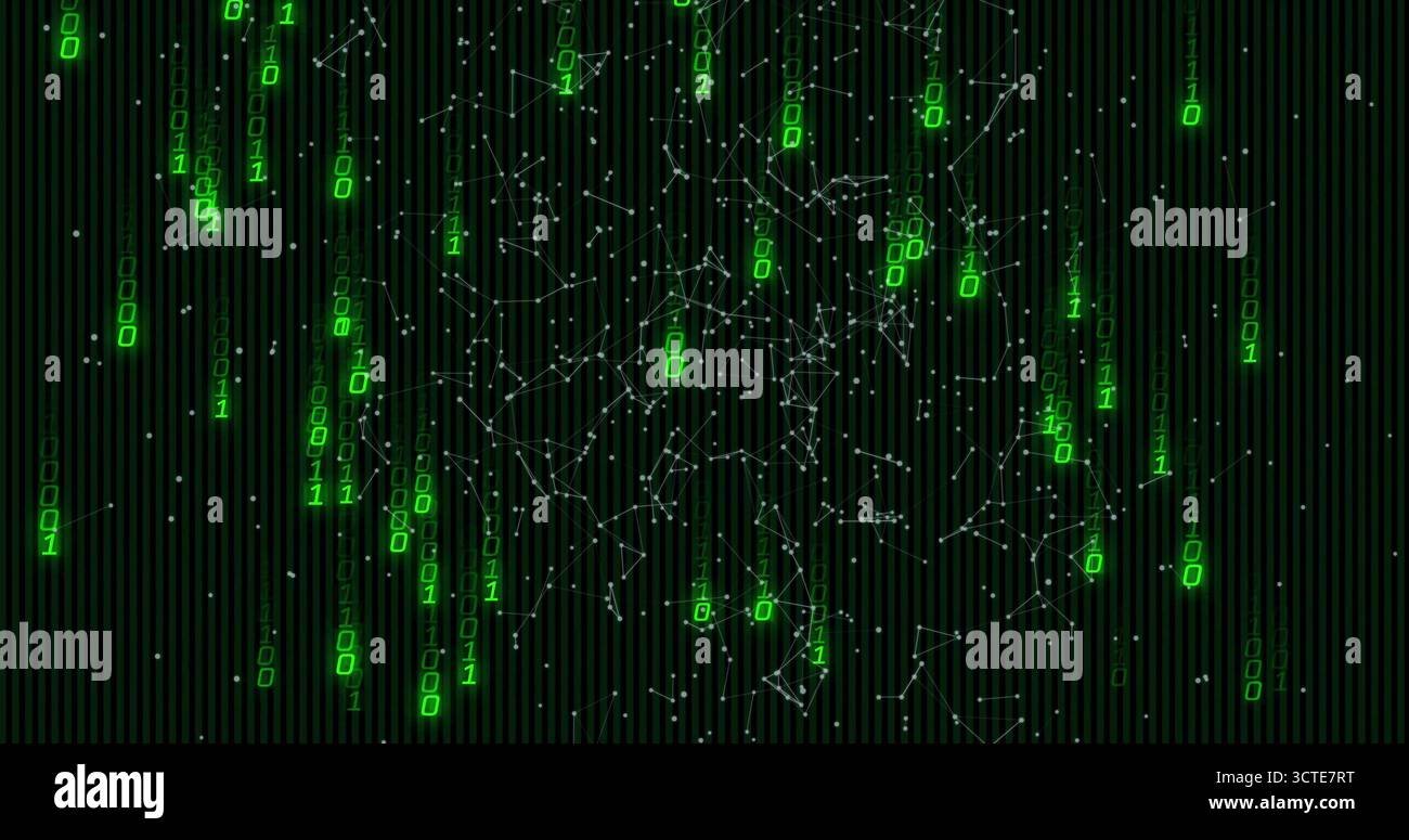 Streaming green binary digits cascading through virtual environment, with white network nodes Stock Photo