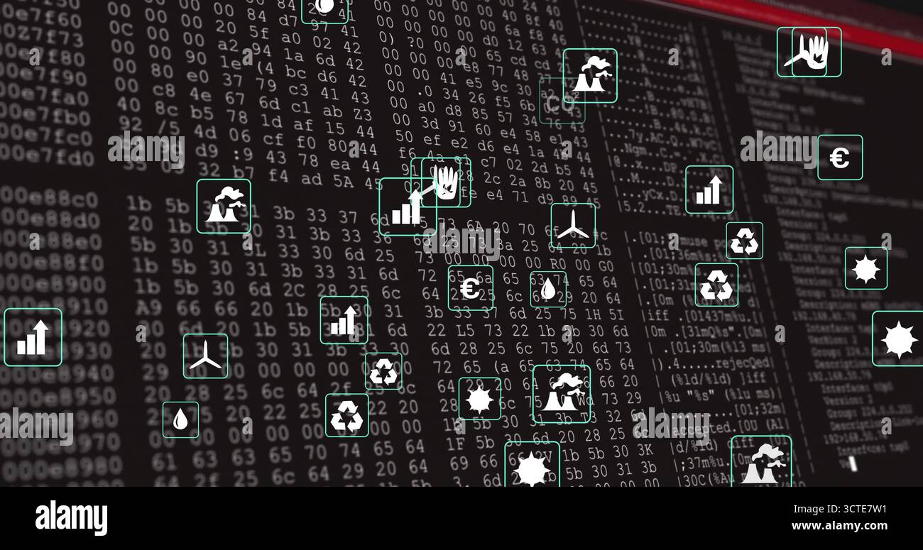 Displaying floating green sector icons over dark dashboard, with hex code and programming text Stock Photo