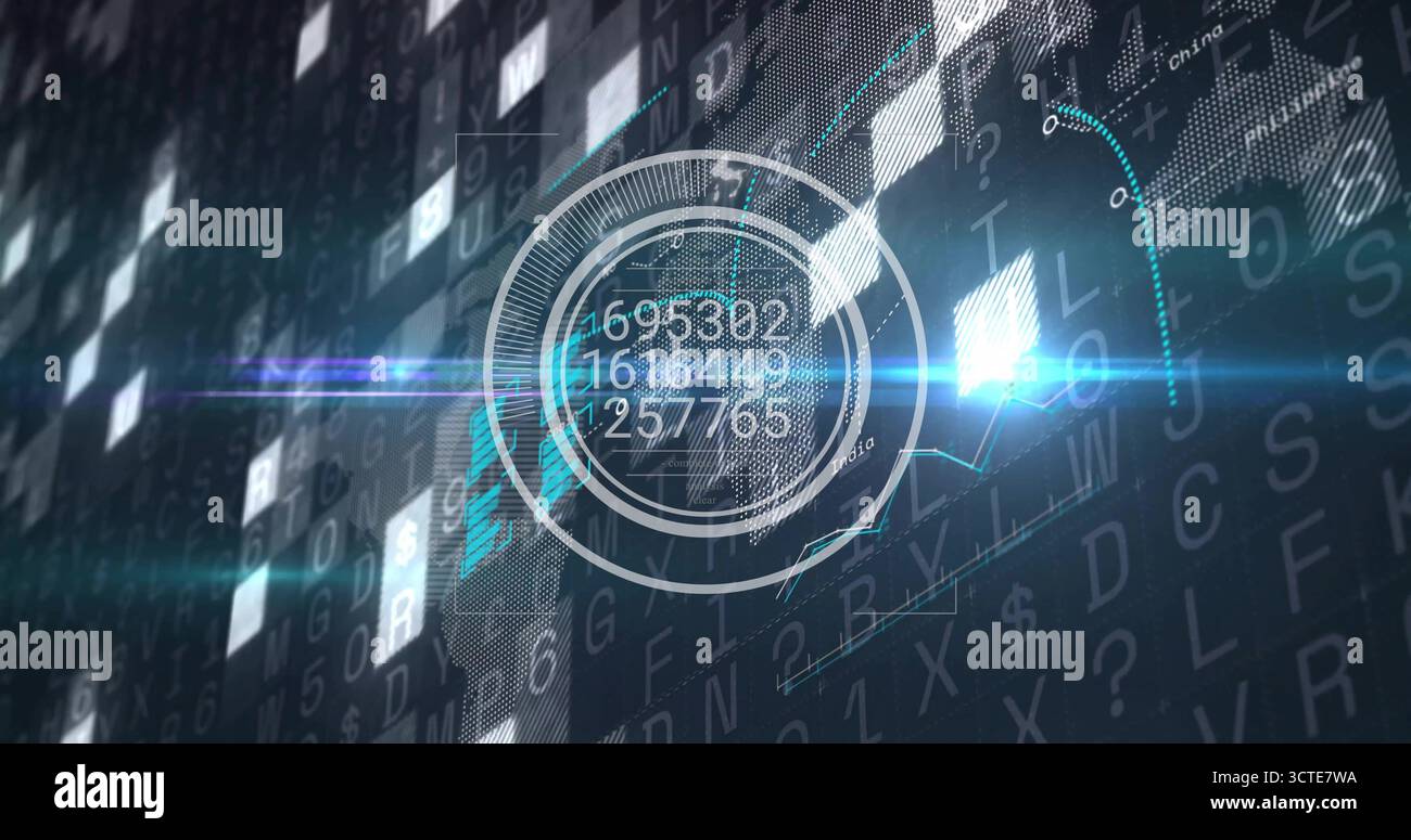 Displaying HUD element hovering over code grid in cyber scene, with numbers, chart segments and map Stock Photo