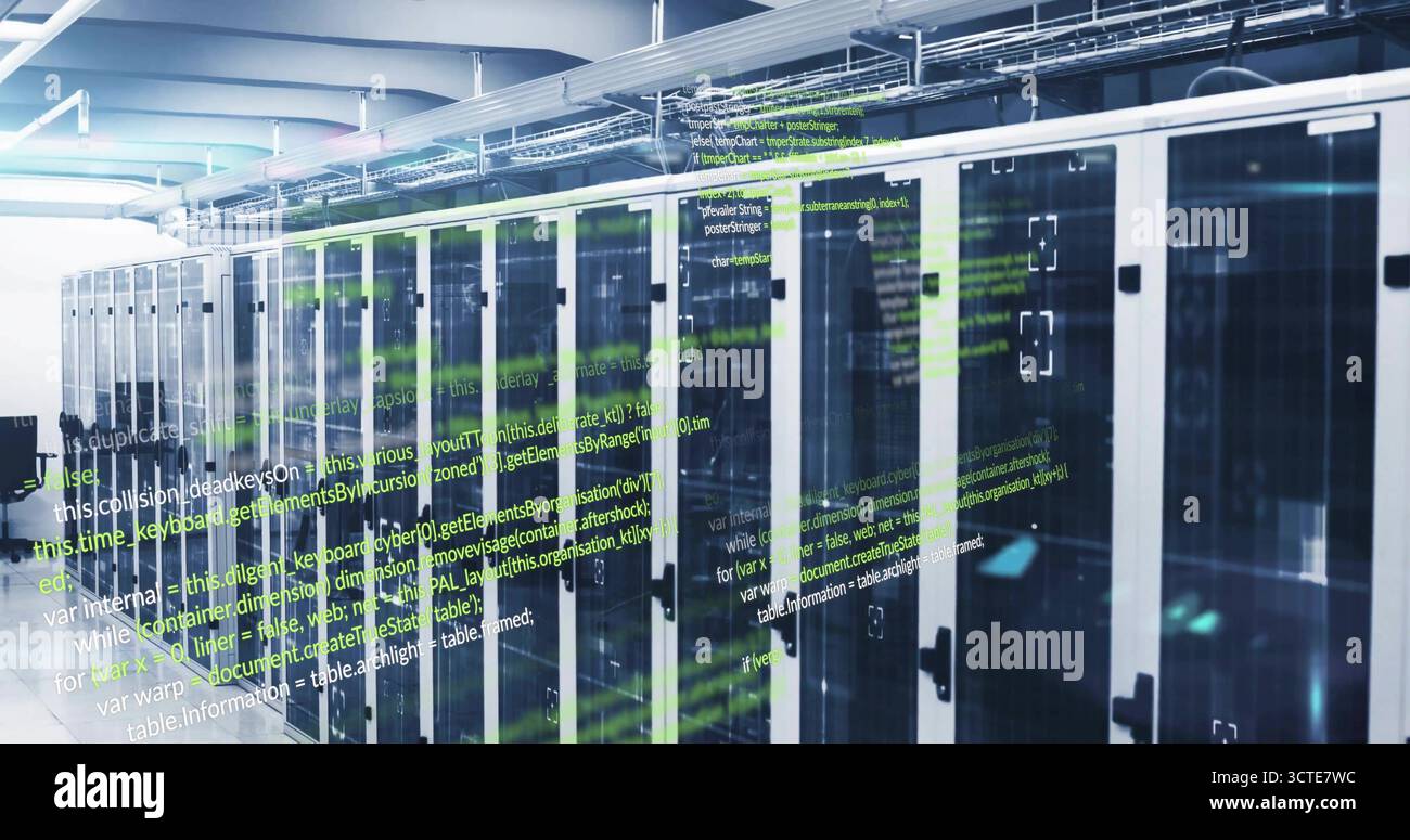 Displaying server racks with glass doors under fluorescent lights in data center, with code overlay Stock Photo