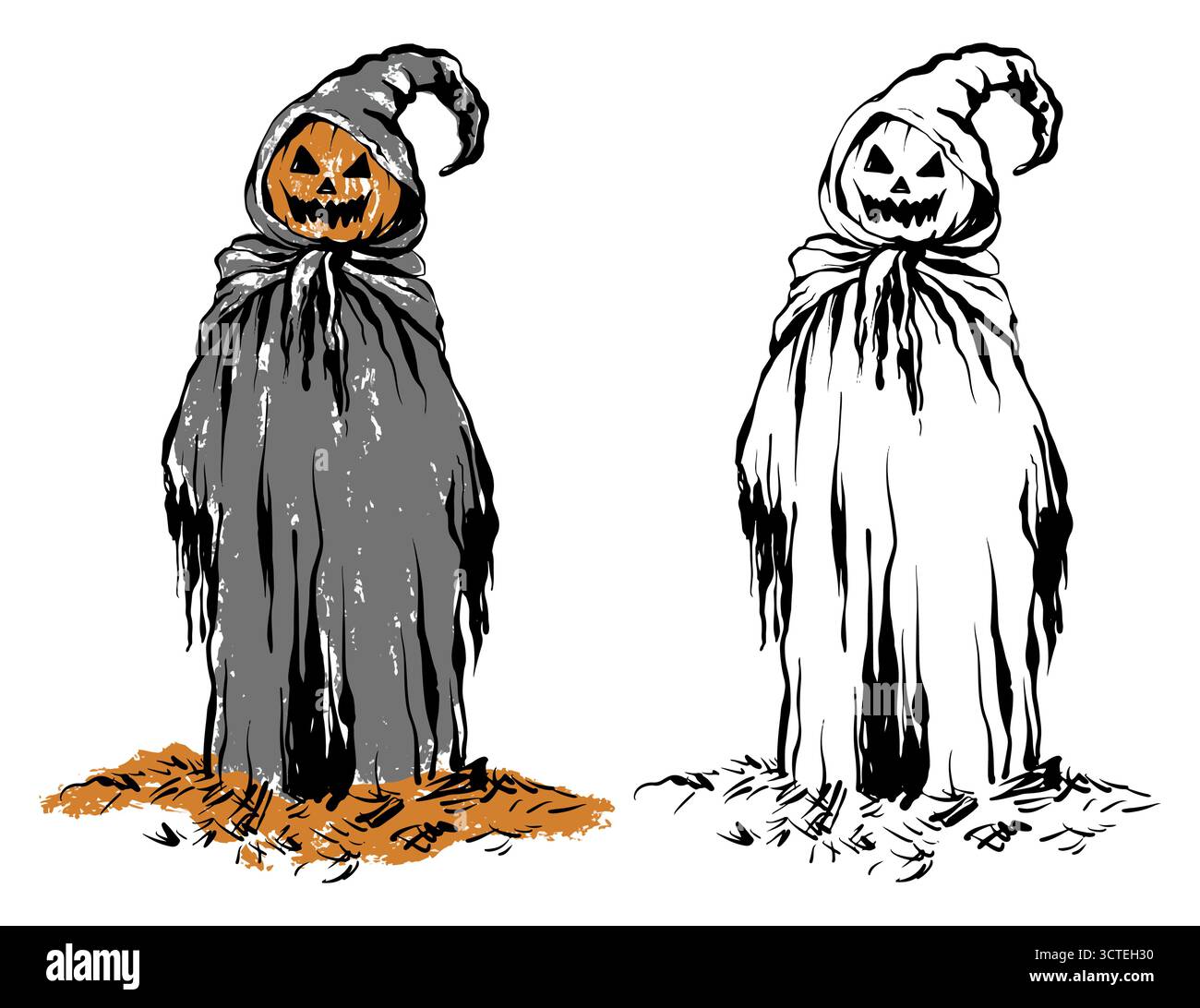 Pumpkin Man In Hood Linear Vector Illustration Stock Vector