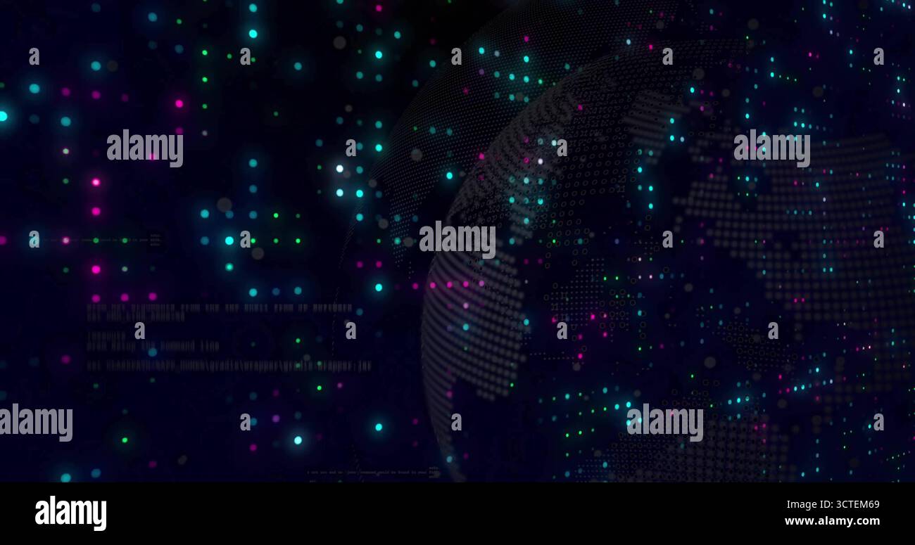 Floating stylized digital globe in digital space, showing colored data clusters and binary pixels Stock Photo