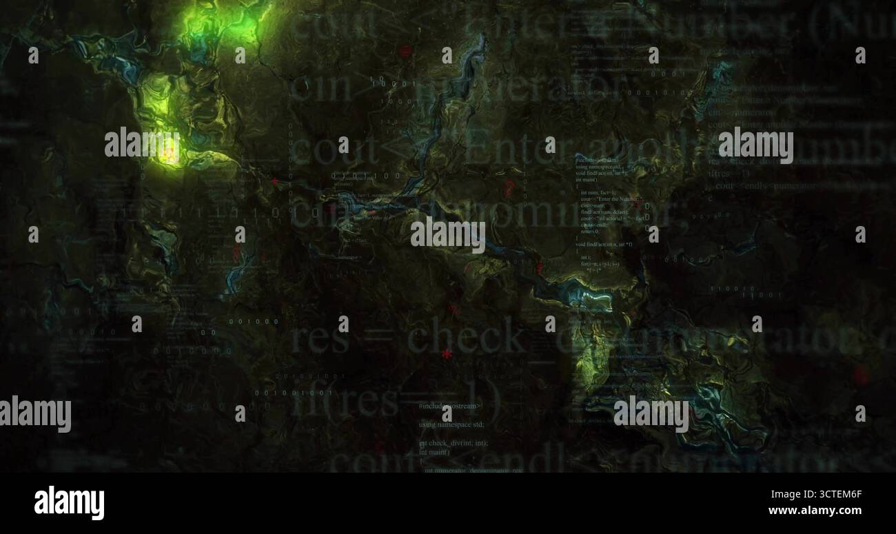 Displaying topographic visualization on dark screen, with glowing green hotspots and code fragments Stock Photo