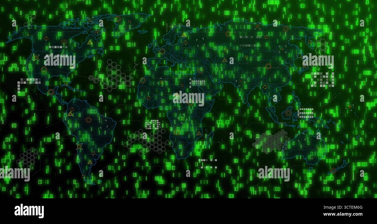 Displaying world map streaming neon green code on screen, with hex grids warning icons node markers Stock Photo