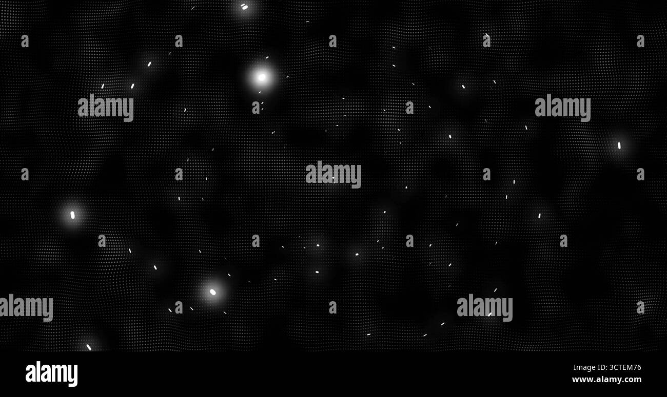 Forming dot mesh pattern glowing in digital void, showing tiny particles, streaks and glowing orbs Stock Photo