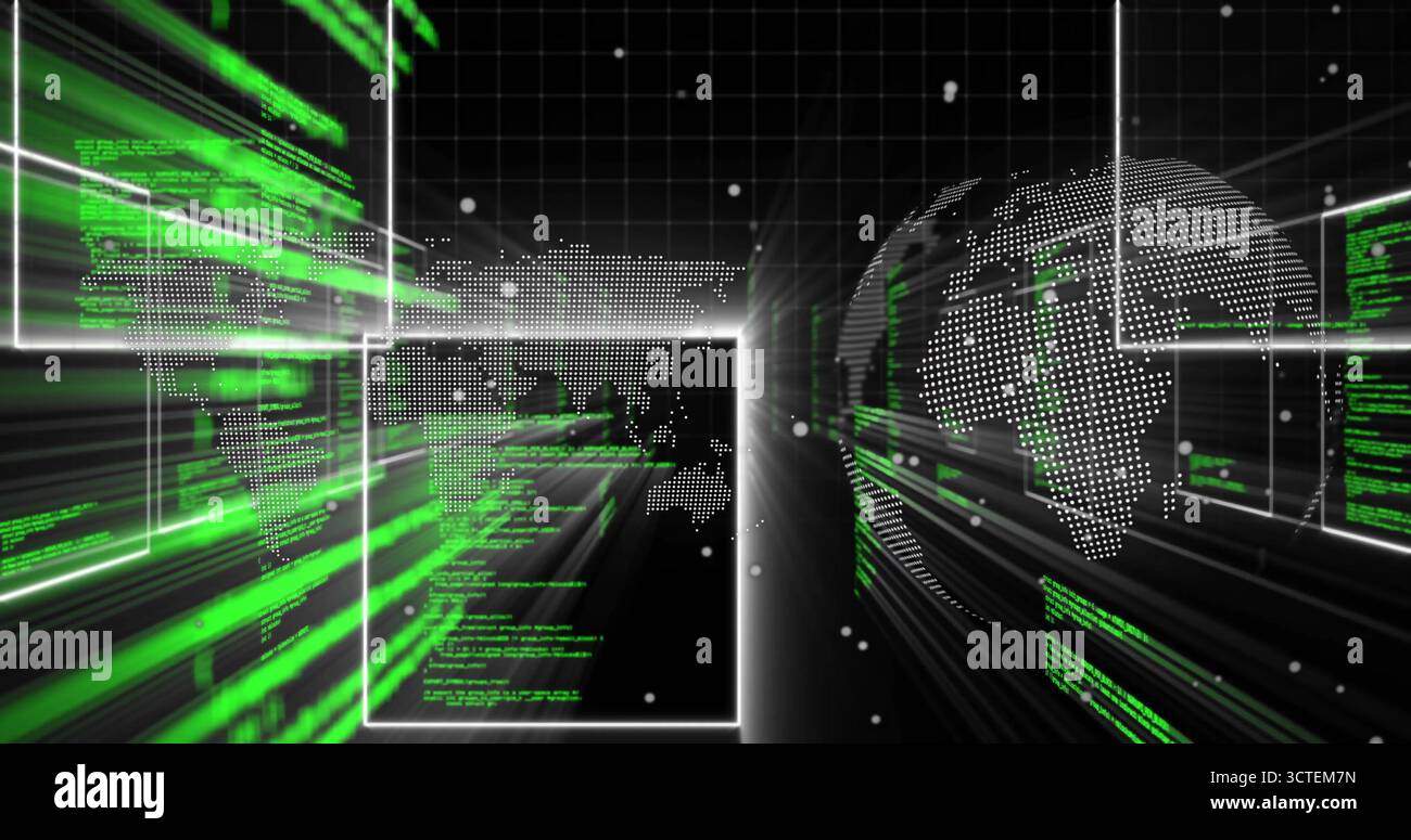 Rendering dotted world map projection at center over grid, streaming green code and glowing frames Stock Photo