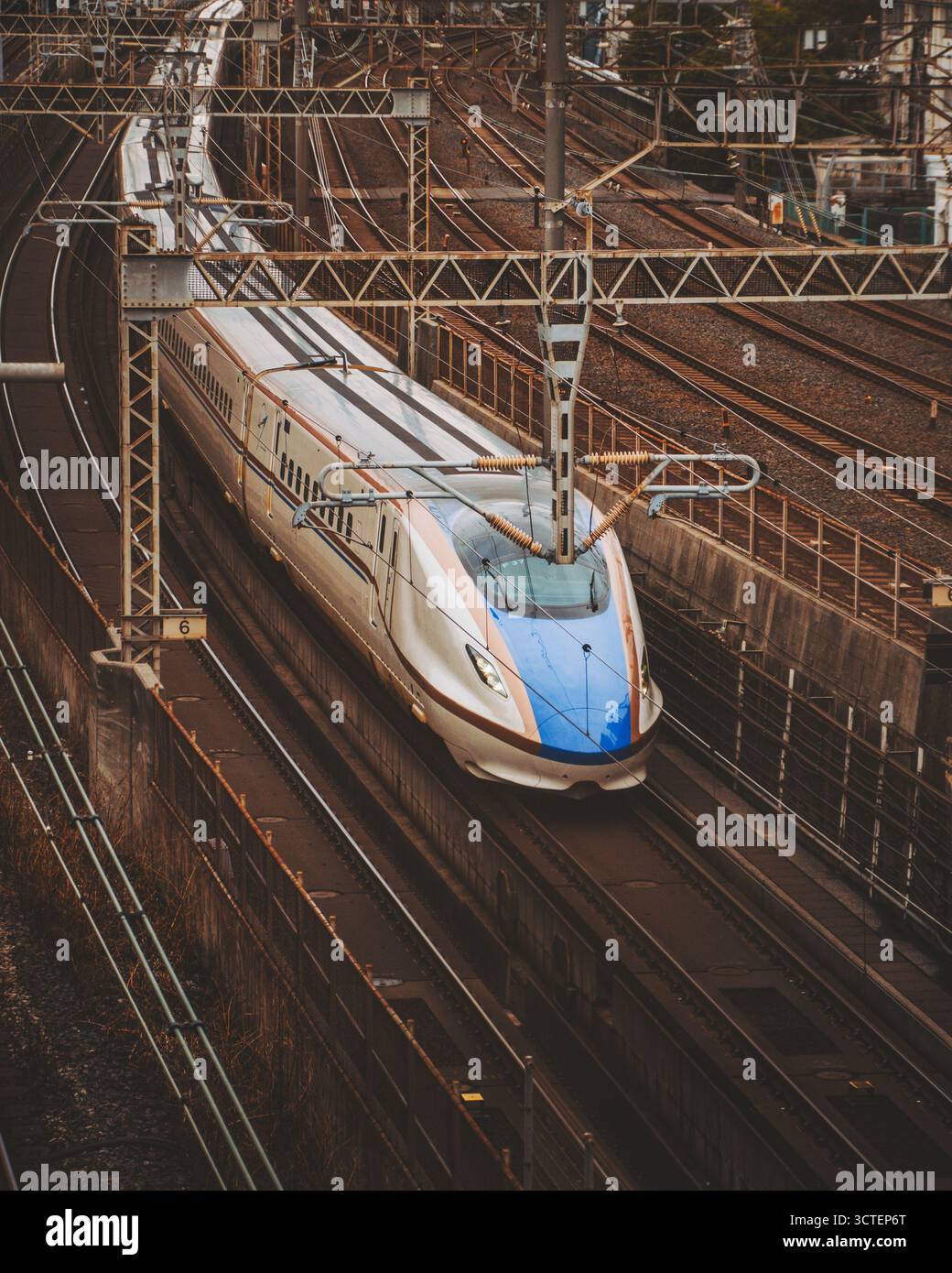 Nippori, Japan - 06 March 2025: View of the sleek, silver bullet train ...