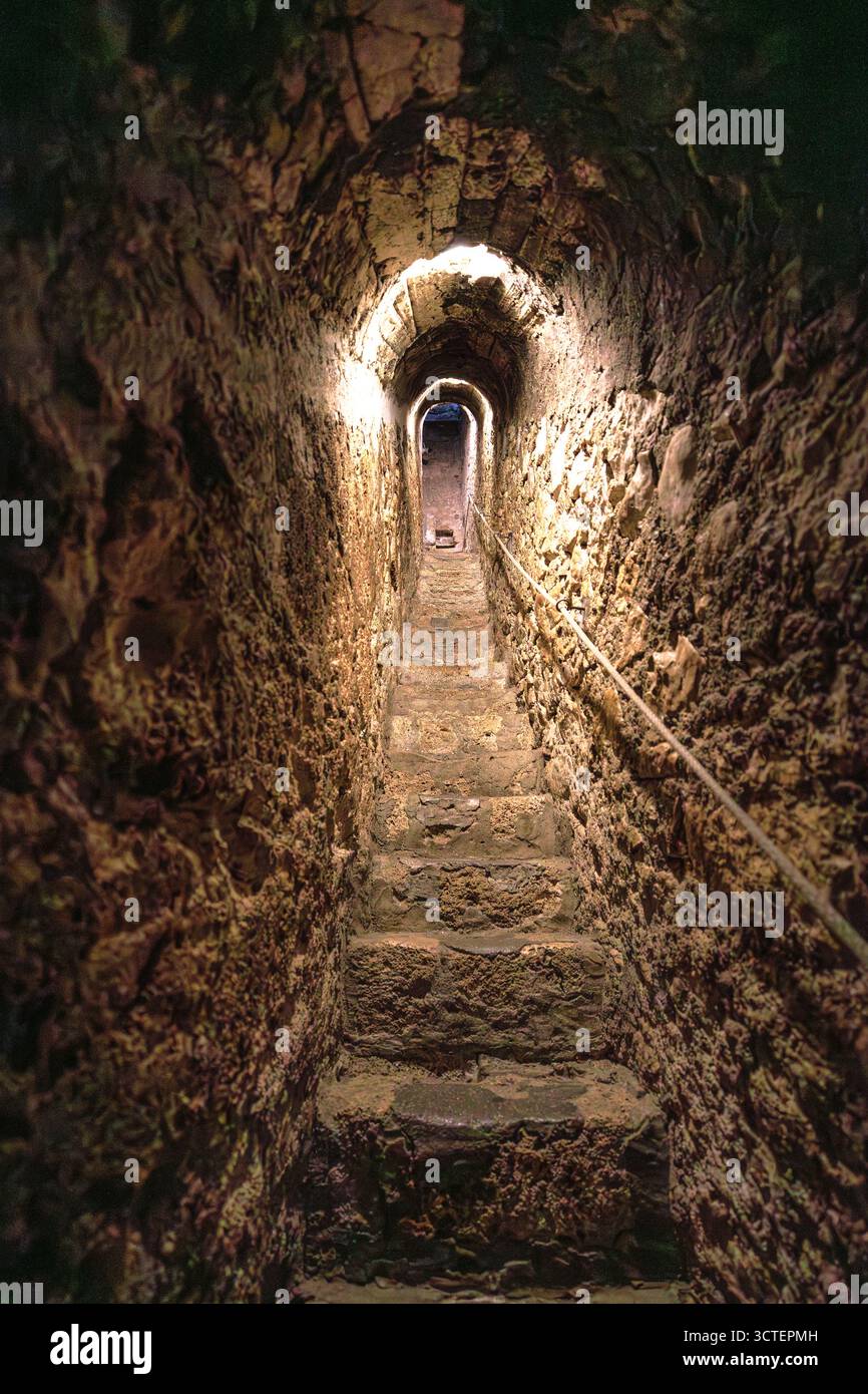 Castle Primitive Dark, ancient stone tunnel with arched ceiling and primitive steps ...