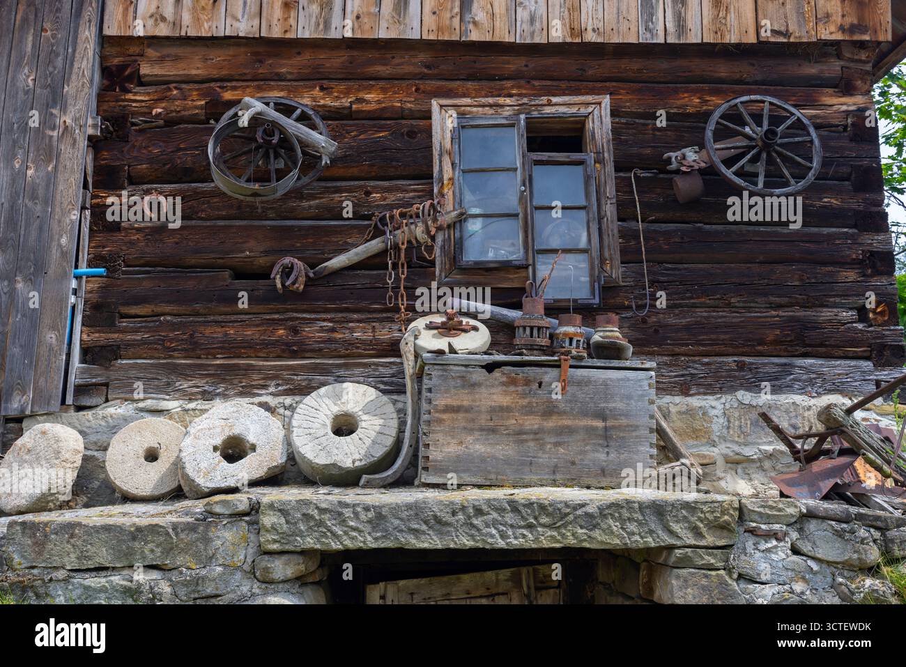 Rustic wooden facade of a traditional house with vintage farming ...