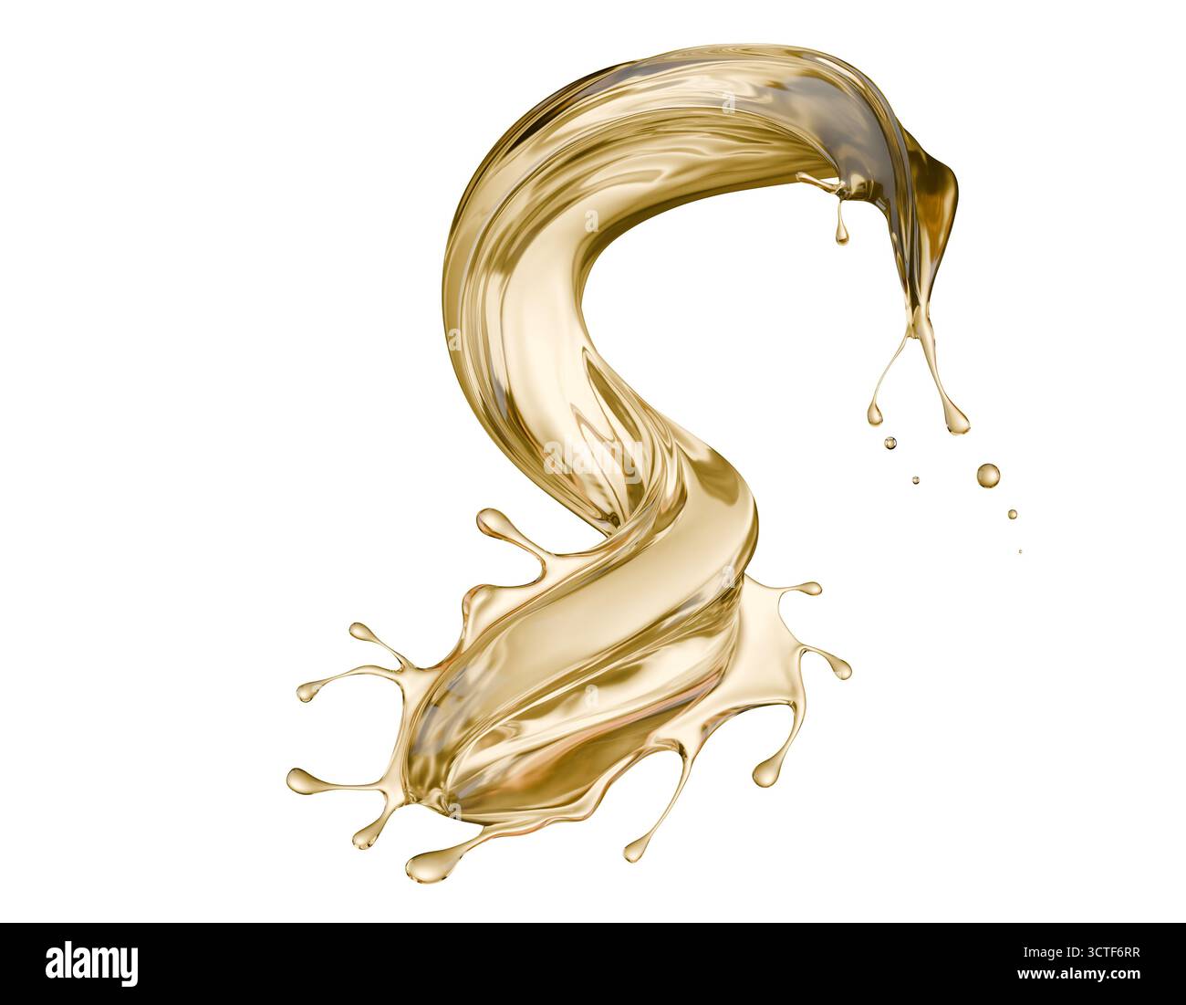 golden liquid splash isolated on a white background. 3d render. Stock Photo