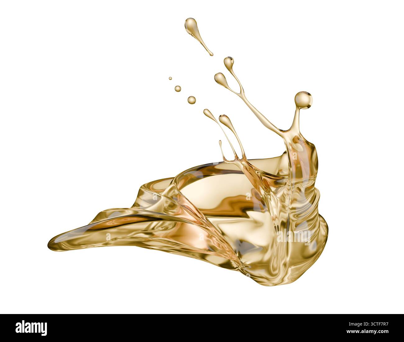 golden liquid splash isolated on a white background. 3d render. Stock Photo