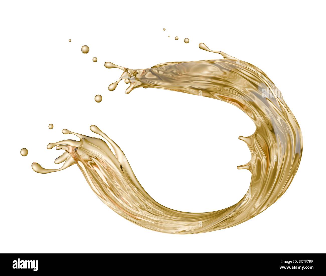 golden liquid splash isolated on a white background. 3d render. Stock Photo