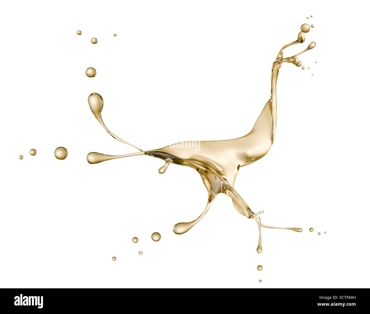 golden liquid splash isolated on a white background. 3d render. Stock Photo