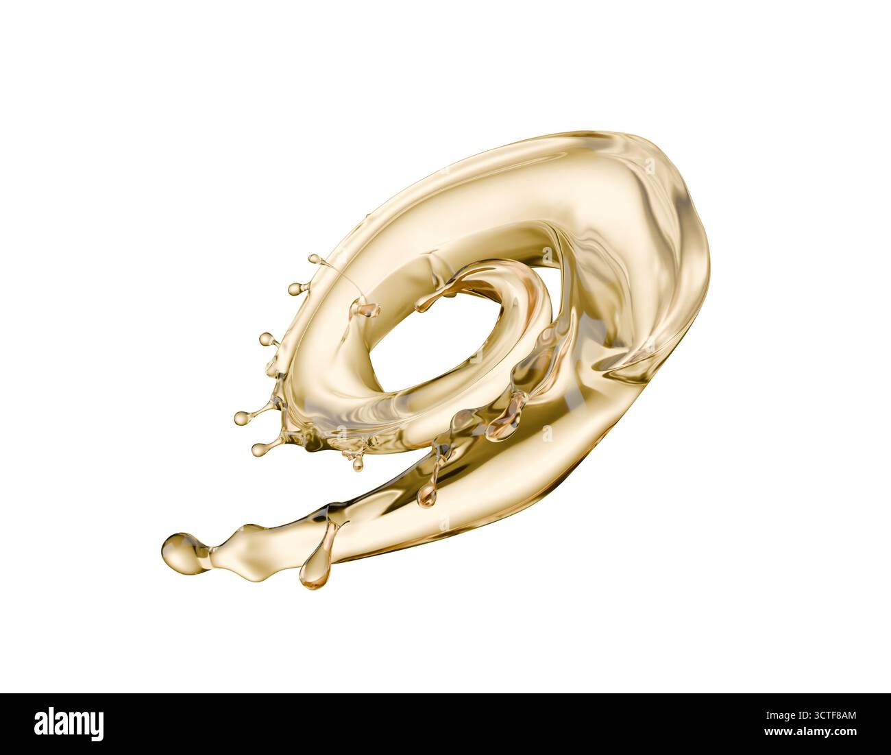golden liquid splash isolated on a white background. 3d render. Stock Photo