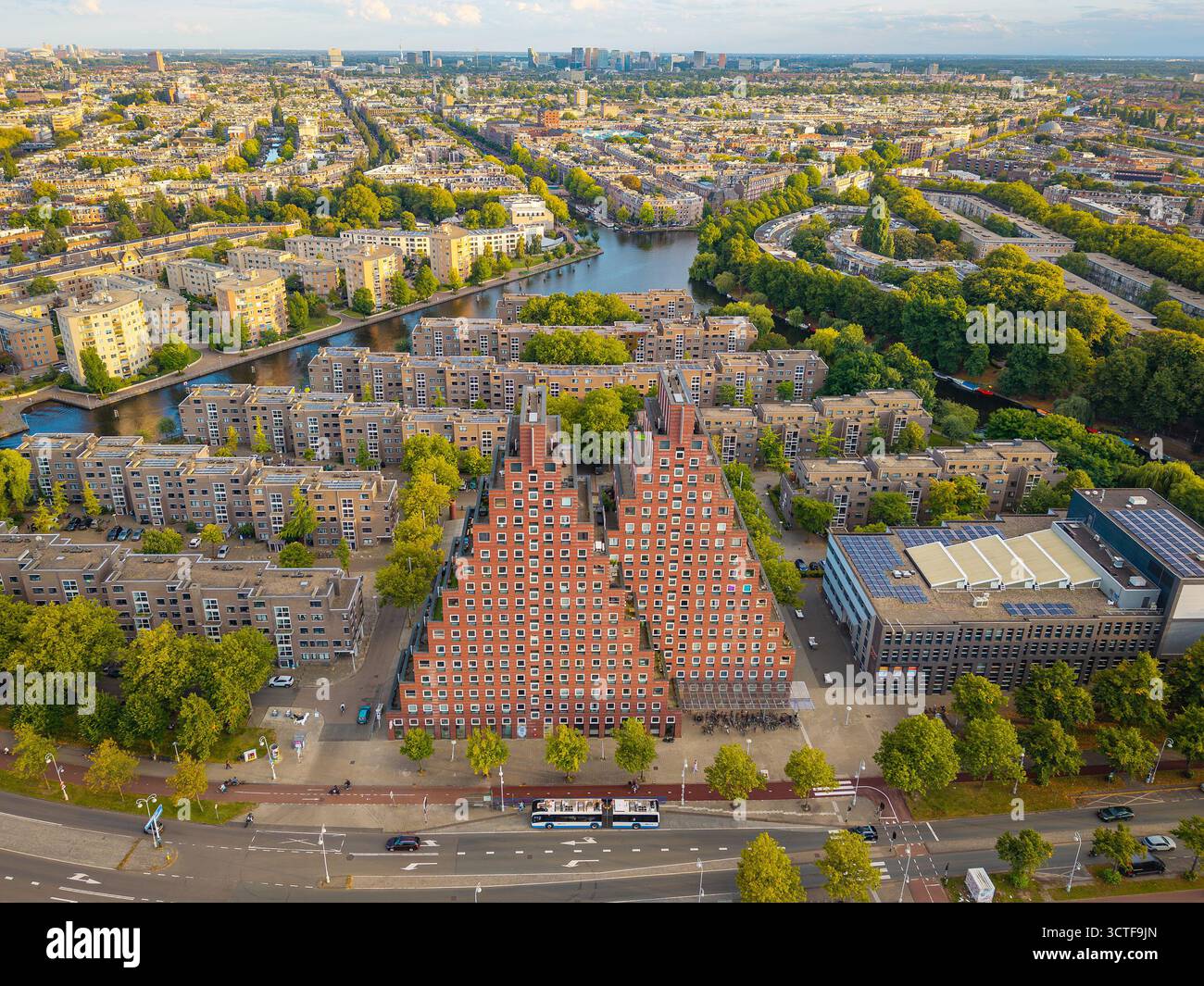Aerial view of Amsterdam West, canals and rows of modern apartment buildings Stock Photo
