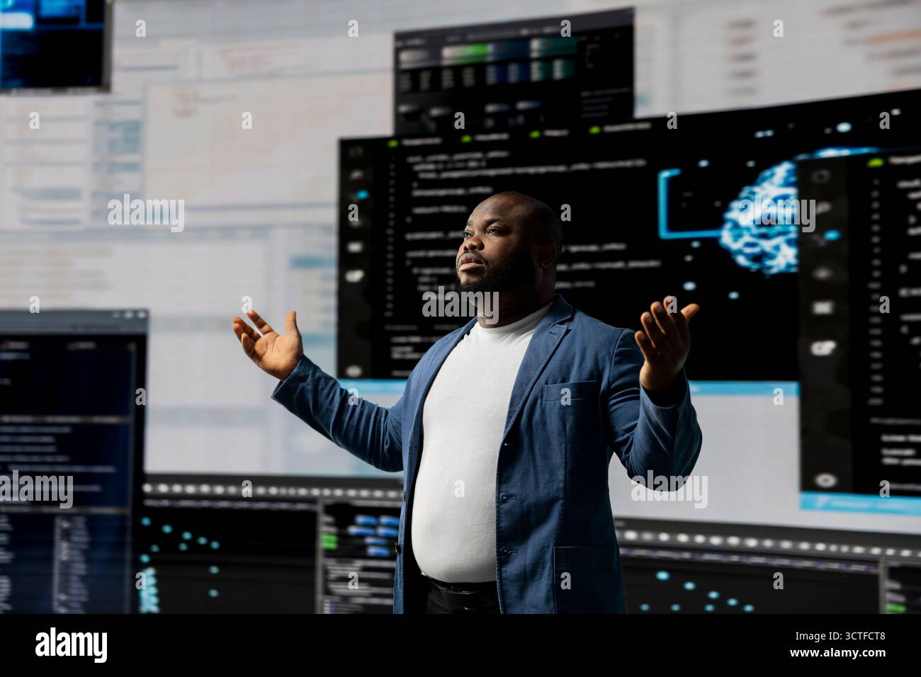 Black professional software engineer programming for tech innovation, reviewing data and binary code on the dashboard. IT specialist examining programming language code for transformation. Stock Photo