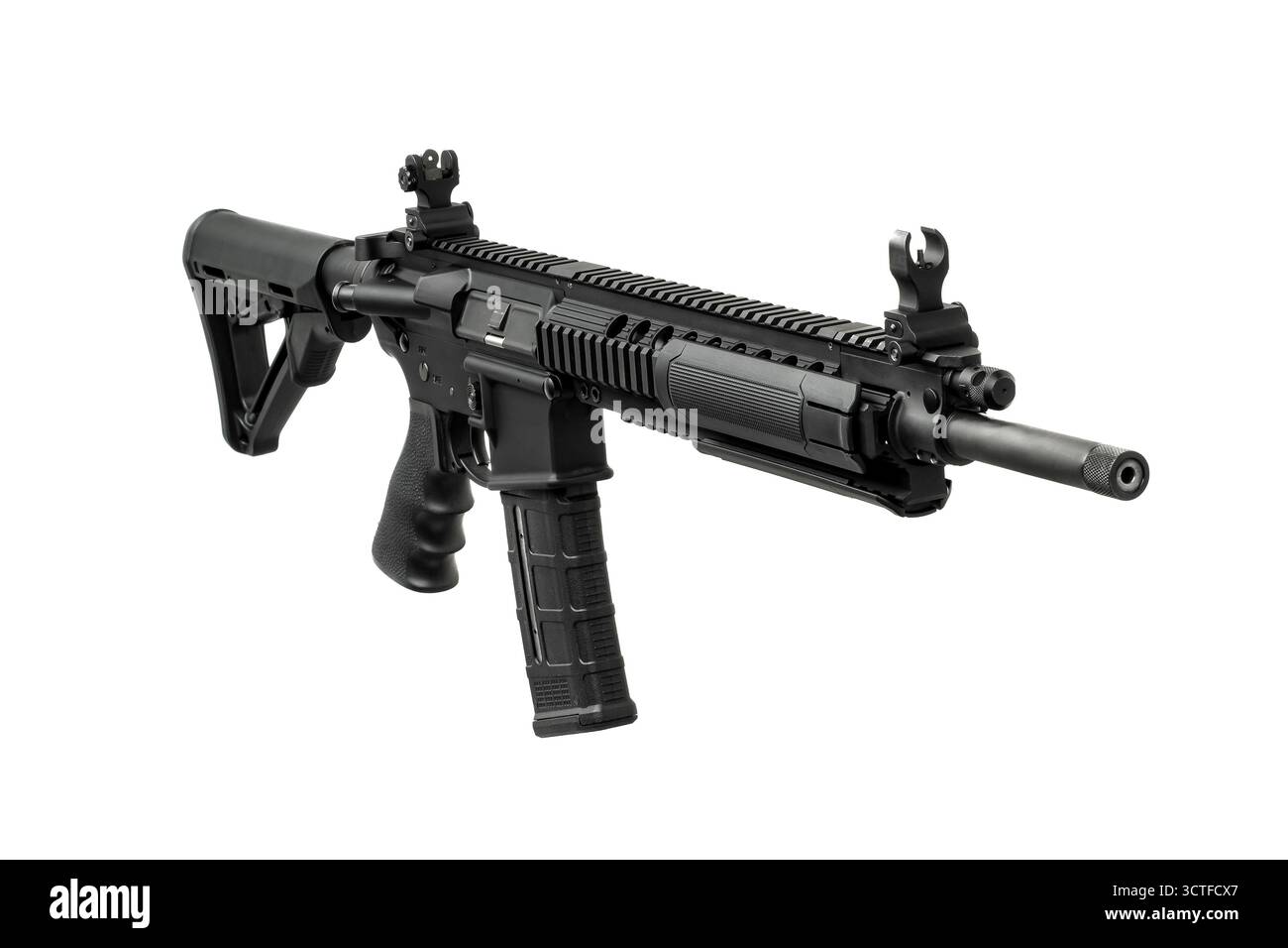 A modern black assault rifle with an adjustable stock and iron sights ...