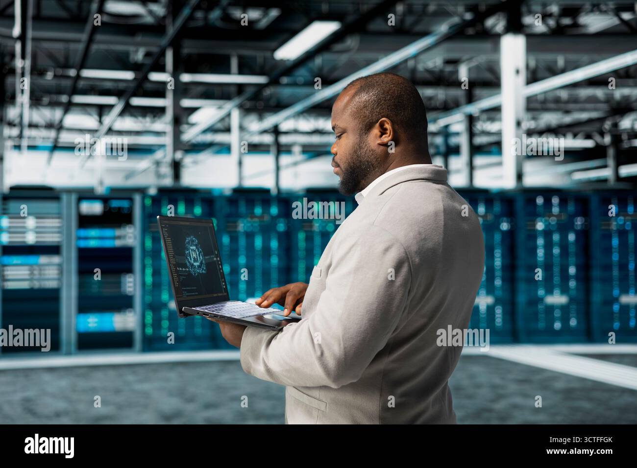 Data center engineer using artificial intelligence automation tools on laptop to increase uptime. Server hub worker working with AI machine learning to accelerate complex AI calculations Stock Photo