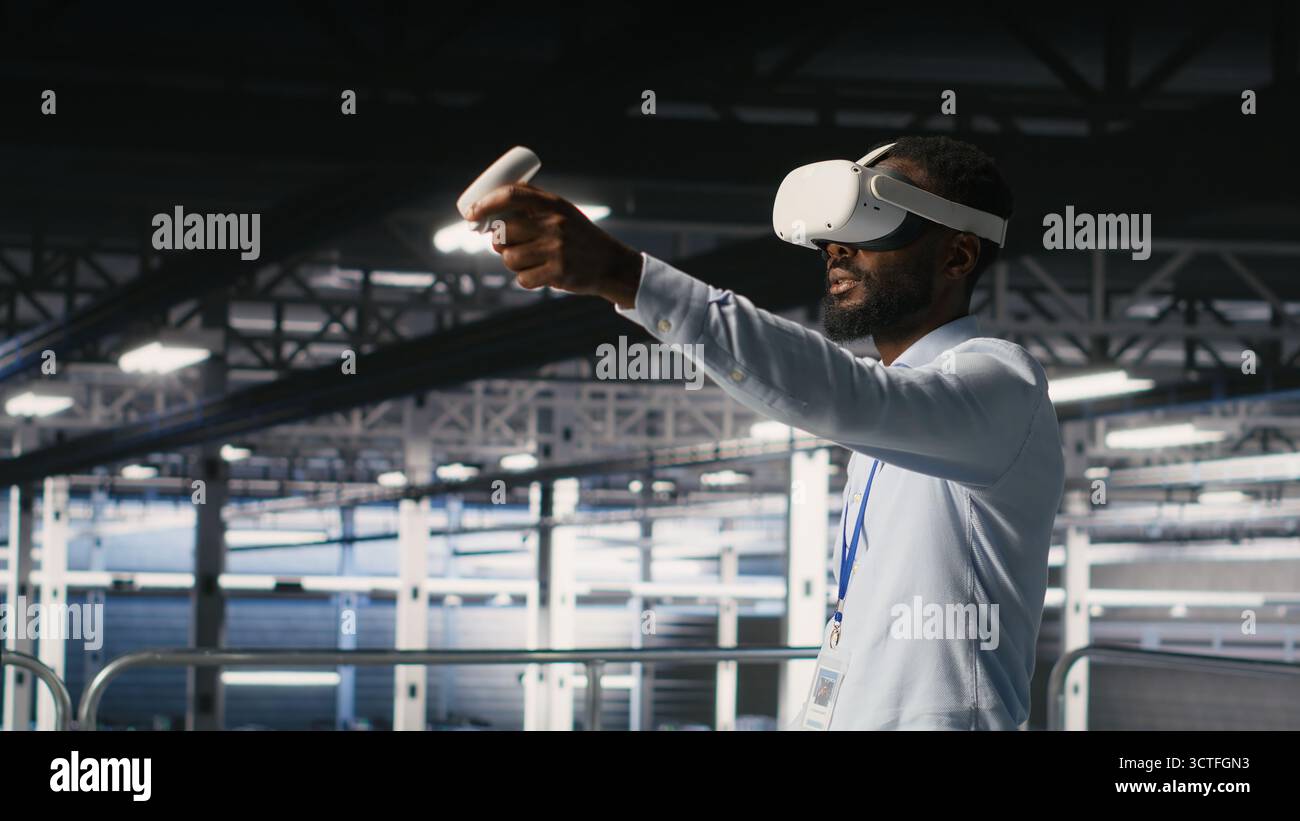Engineer using VR headset in data center to update server tech, configuring equipment using software tools. Server hub employee reviewing hardware analytics using virtual reality Stock Photo