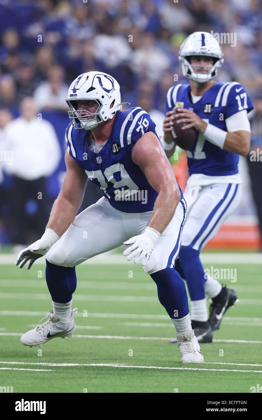 Indianapolis Colts offensive tackle Bernhard Raimann (79) sets to block ...