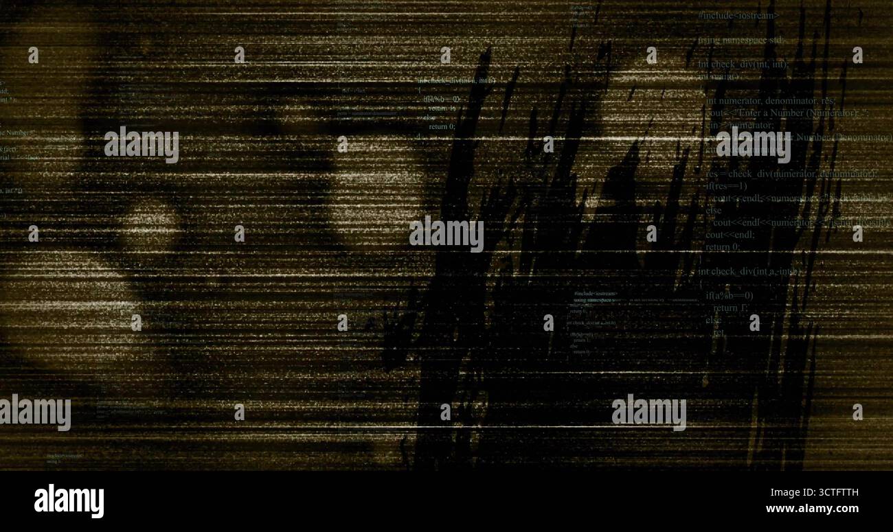 Dark smudge distorting gold noise lines and circular artifacts on corrupted display, with code text Stock Photo