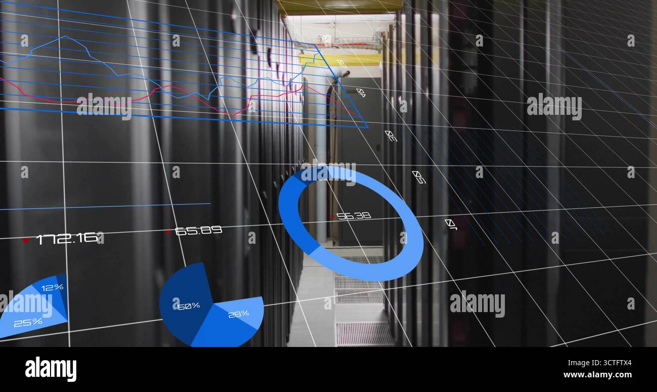Displaying data center corridor with server racks, colored cables and floating data visualizations Stock Photo