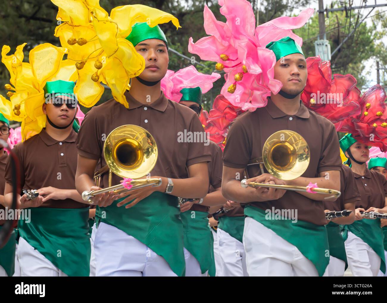 Male trumpet band at Panagbenga Festival or Baguio Flower Festival, annual flower occasion in Baguio, Philippines. Stock Photo