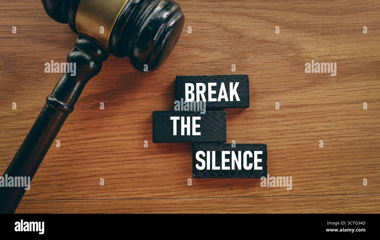 Break The Silence Text on Blocks Next to Gavel Symbolizing Justice, Advocacy, and Speaking Out Stock Photo