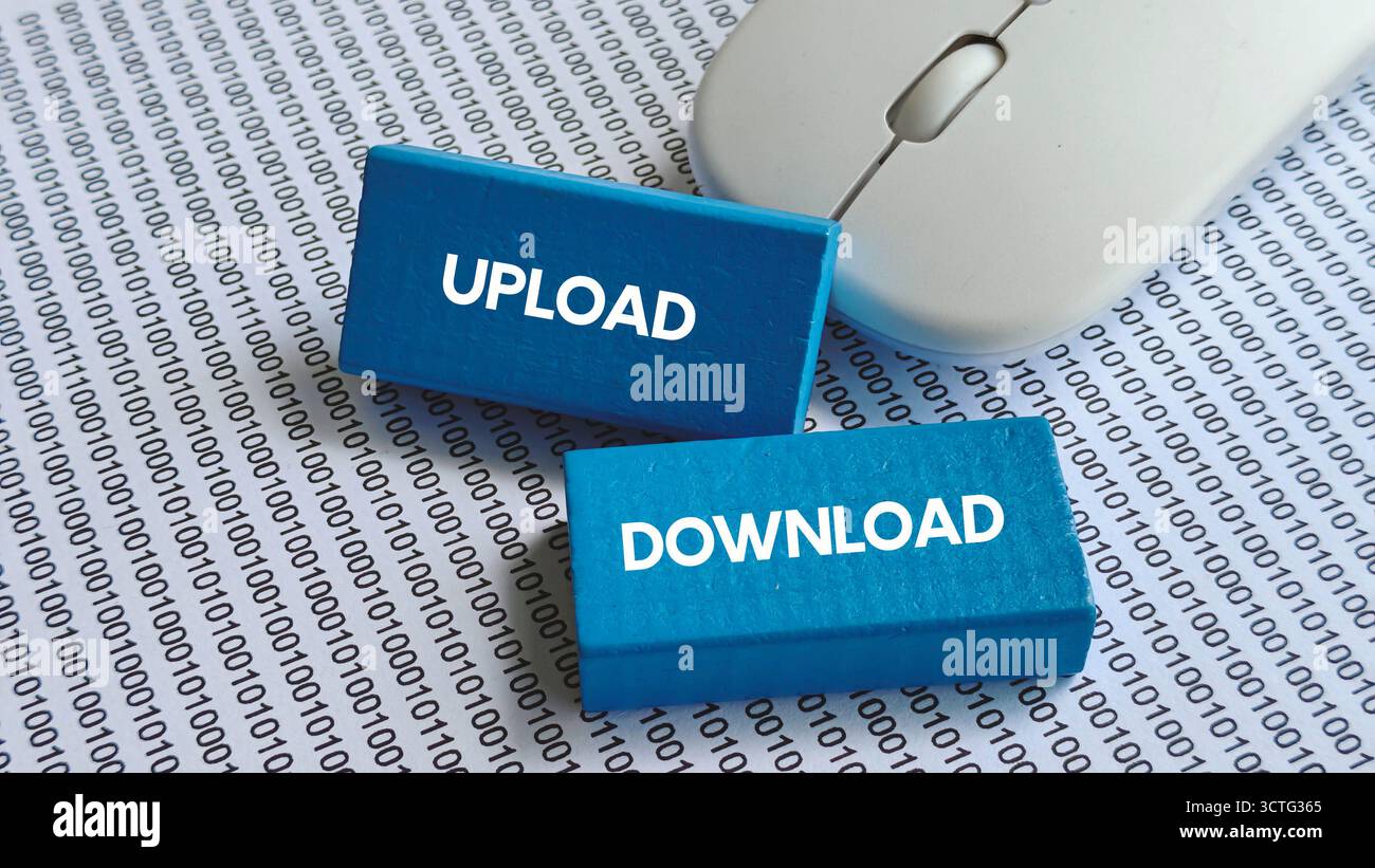Upload and Download Text on Blue Blocks with Binary Code and Computer Mouse Representing Data Transfer and Internet Activity Stock Photo