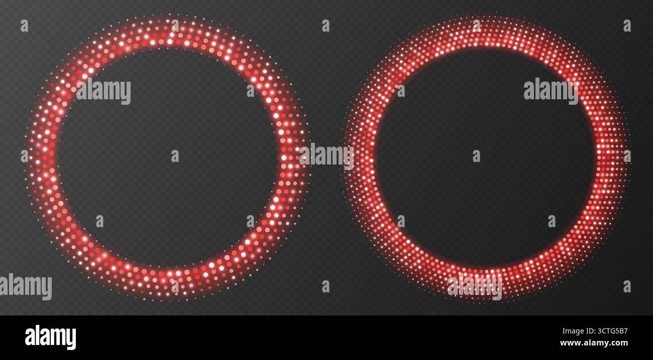 Red halftone frames, glowing circle borders, round pattern with dots, radial disco luxury design element. Stock Vector