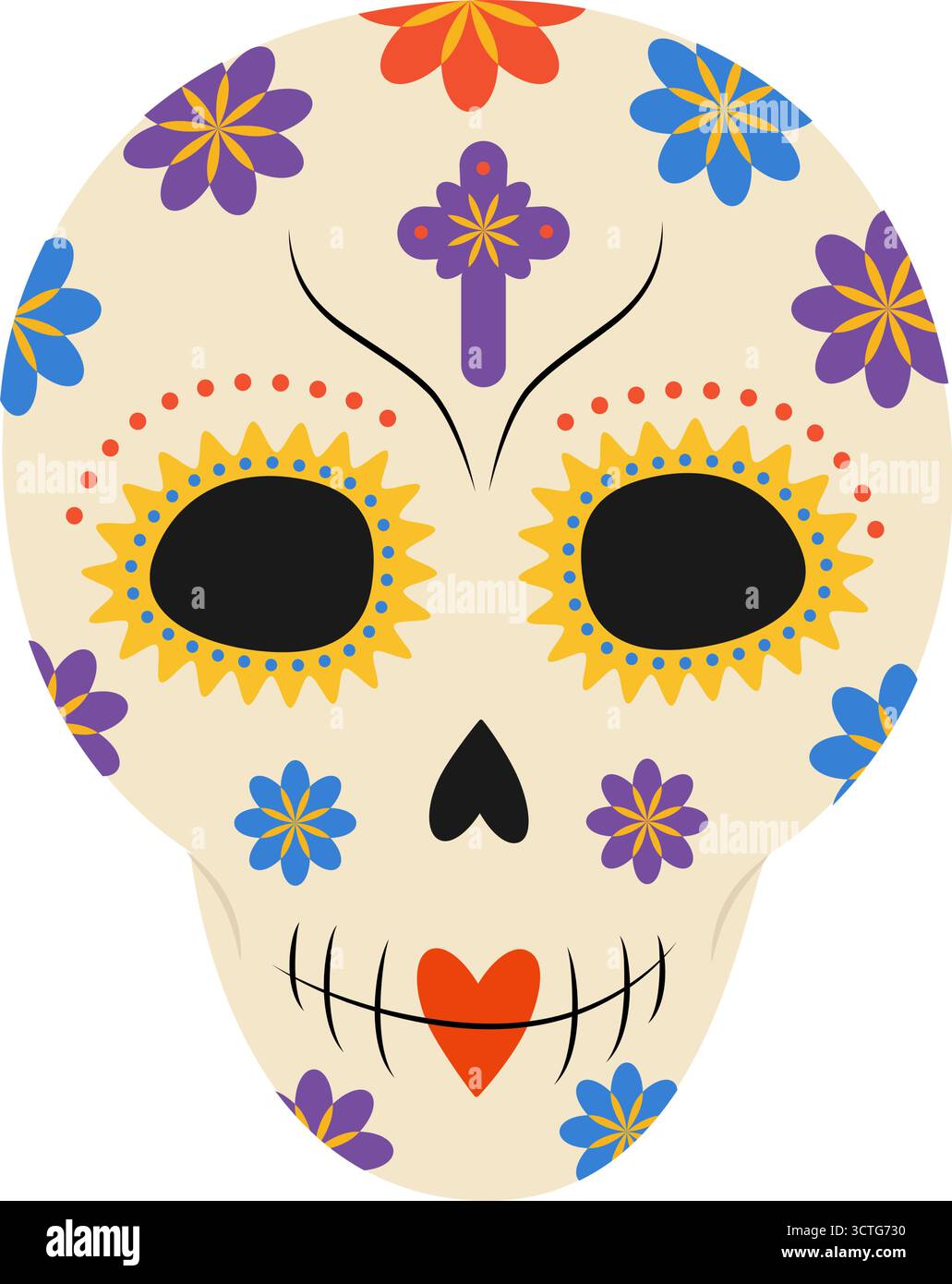 Decorated Sugar skull with Flowers Dots and Cross Day of the Dead Sticker Icon Minimalistic Design. Isolated Vector illustration Day of the Dead Related content or Cinco de Mayo Greetings Promo Posts Stock Vector