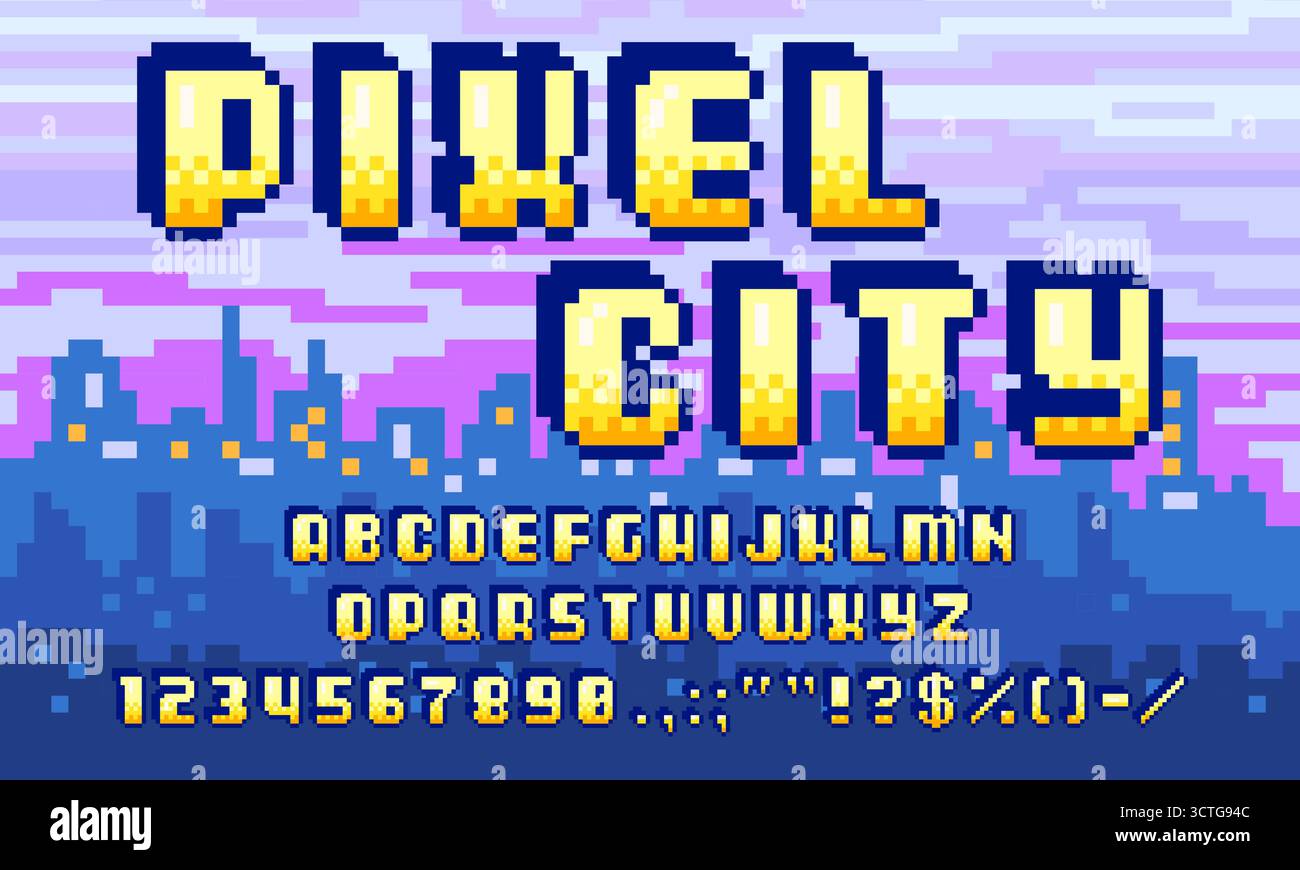 Pixel font, 8 bit arcade game typeface, pixel art type, retro binary ...