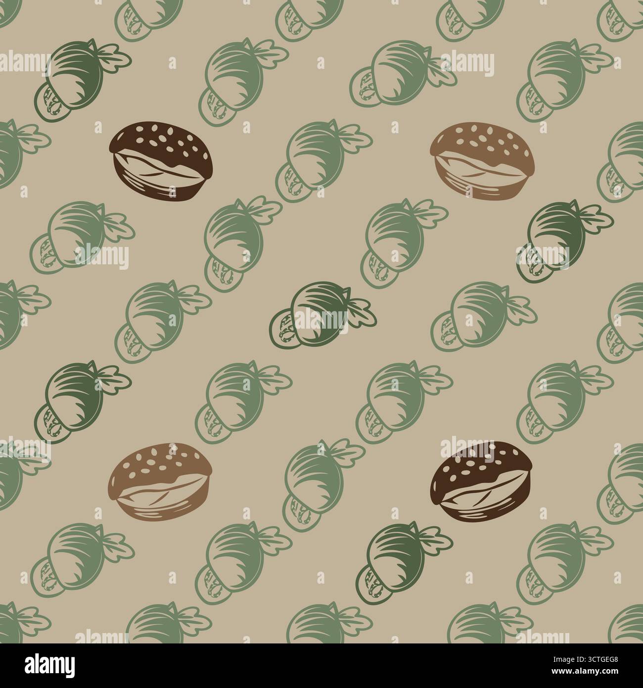Seamless pattern with sweets and desserts on beige background Stock Vector